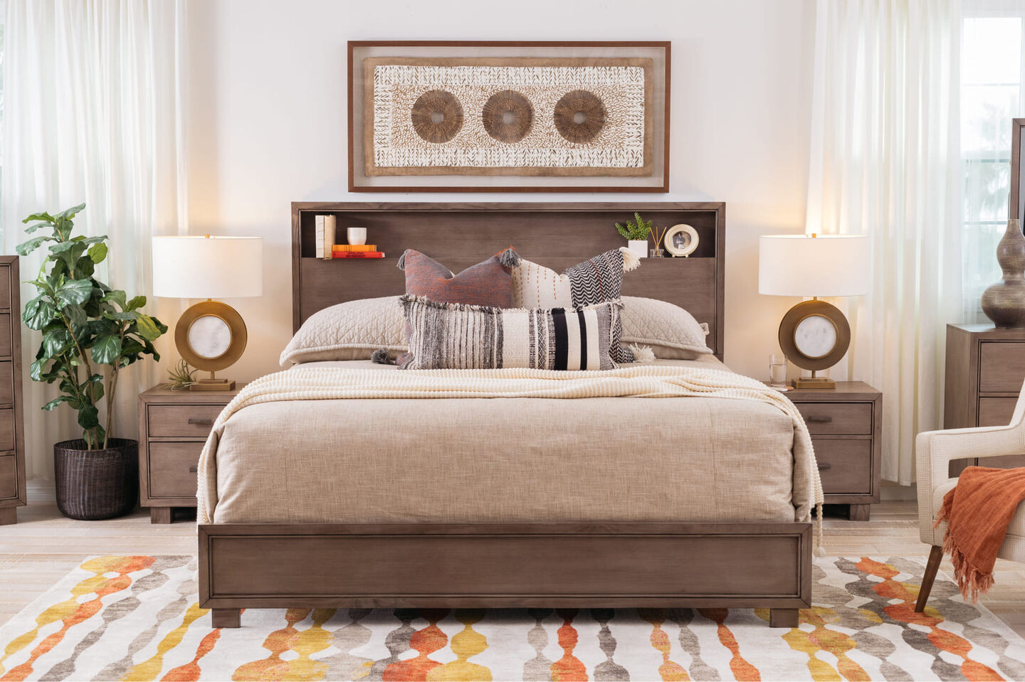 Ashley Arnett Wood Panel Bed in Transitional Eclectic Bedroom